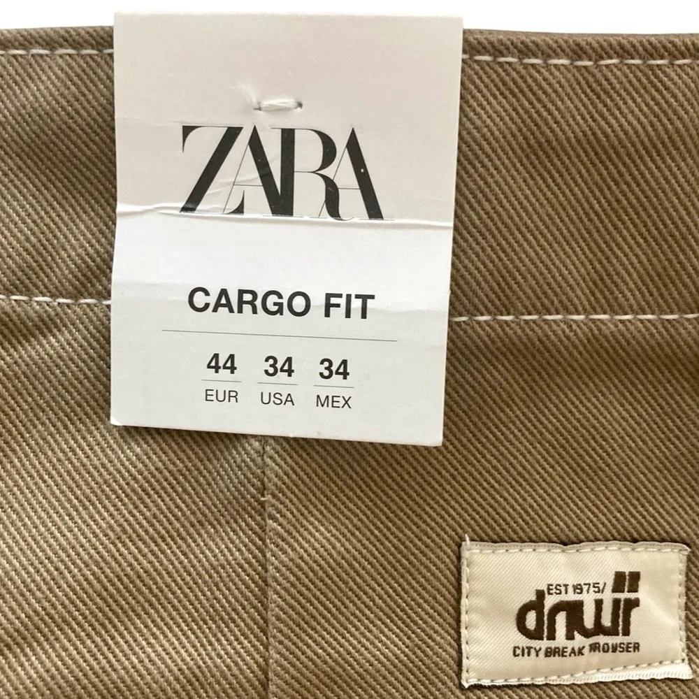 ZARA Denim Cargo Pants 34 Brown Topstitched Straight Baggy Drawstring Leg